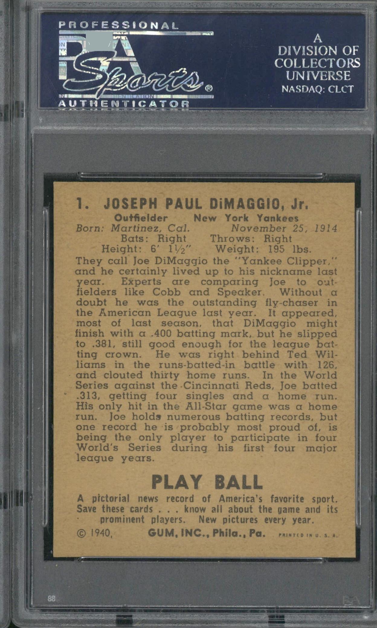 1941 Play Ball Joe DiMaggio #71 PSA Gem Mint 10. Baseball Cards, Lot  #50014